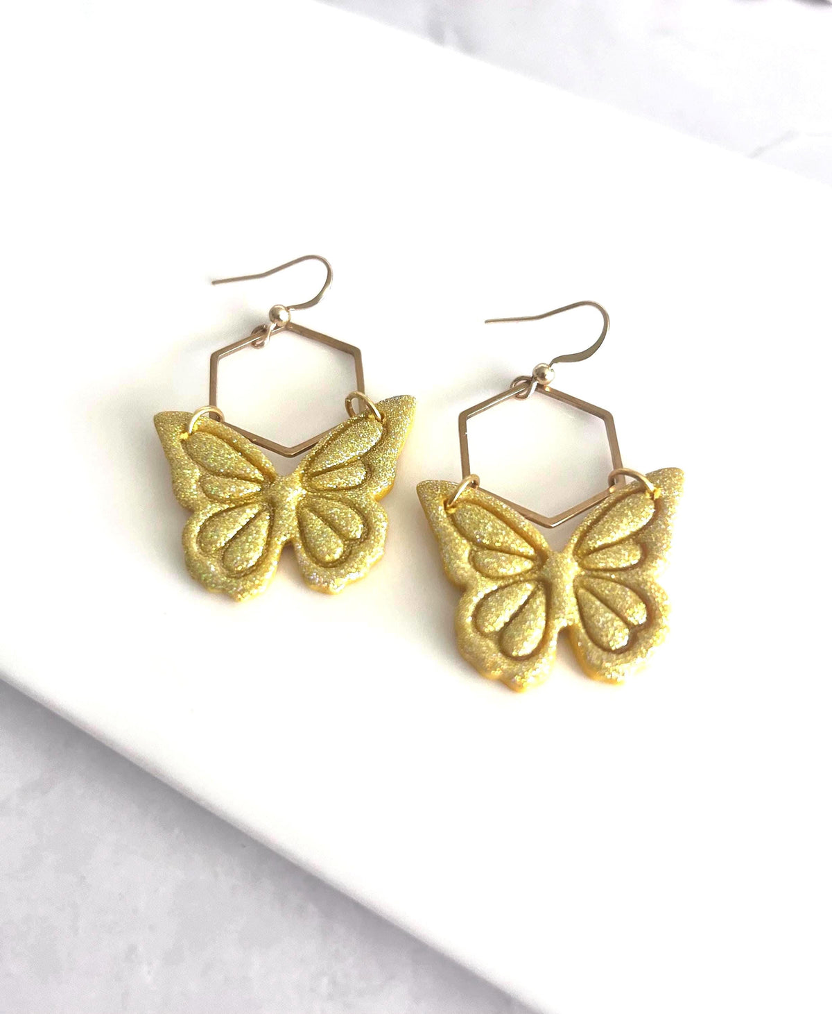 Hoop Butterfly Earrings, Sparkly Holographic Gold Monarch Dangles, Handmade Clay Unique Jewelry