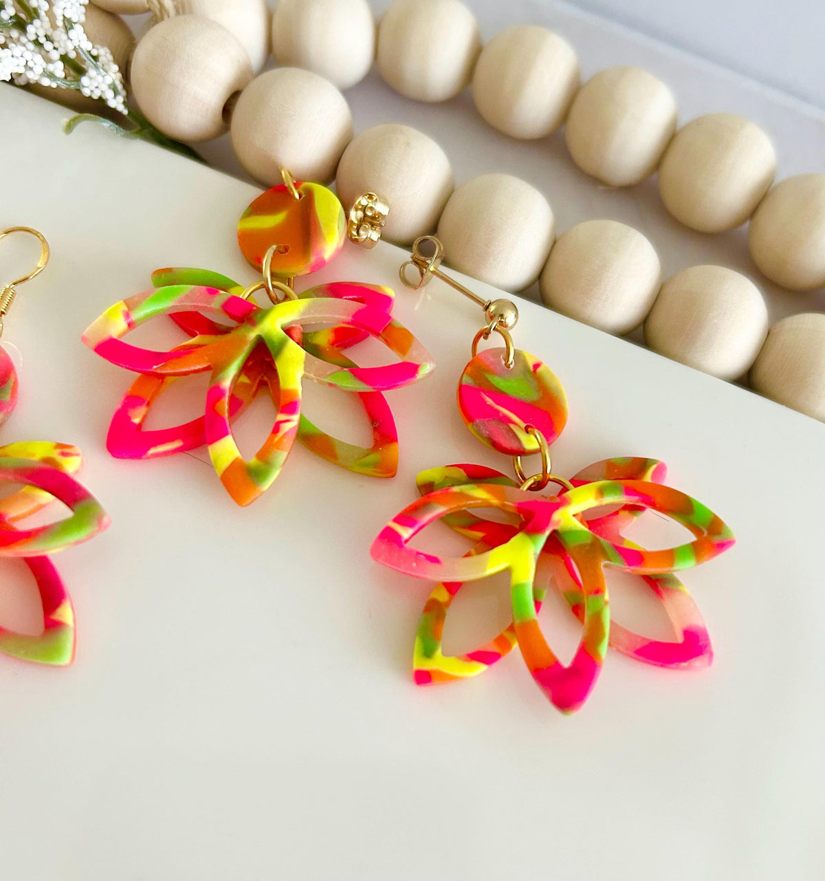 Neon Flower Clay Earrings, Fluorescent Rainbow Lotus Dangles, Geometric Floral Handmade Boho Jewelry Gift