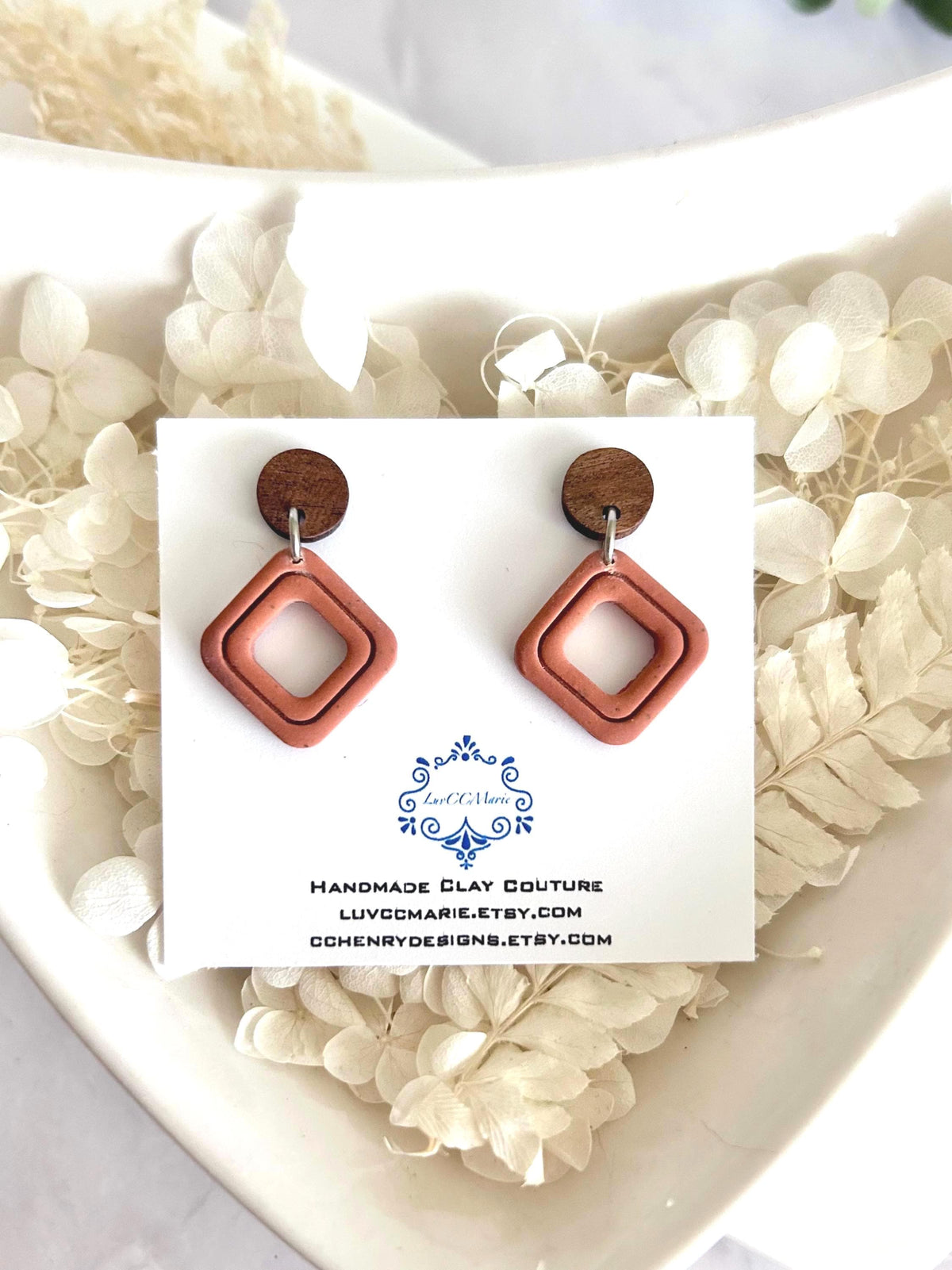 Terracotta Drop Earrings, Geometric Clay & Wood Handmade Fashion Boho Jewelry