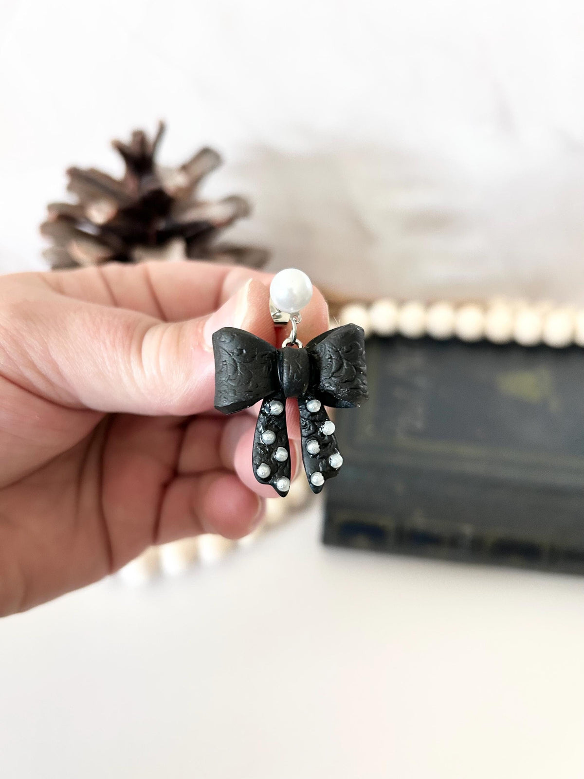 Black Clay Bow Knot Dangle Earrings, White Pearl Studded Dangles, Polka Dot Handmade Jewelry