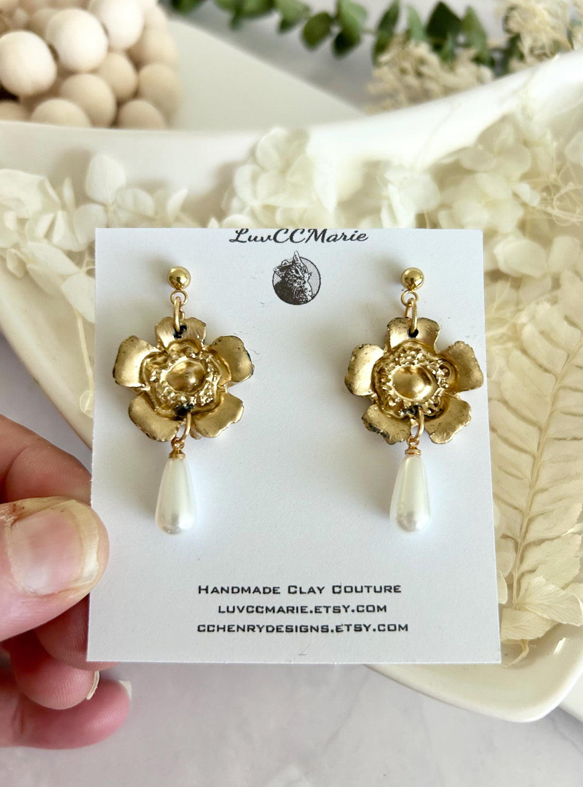 Handmade Pearl Dangle Poppy Earrings, Gold Floral Drop Dangles, Flower Bridal Clay Jewelry