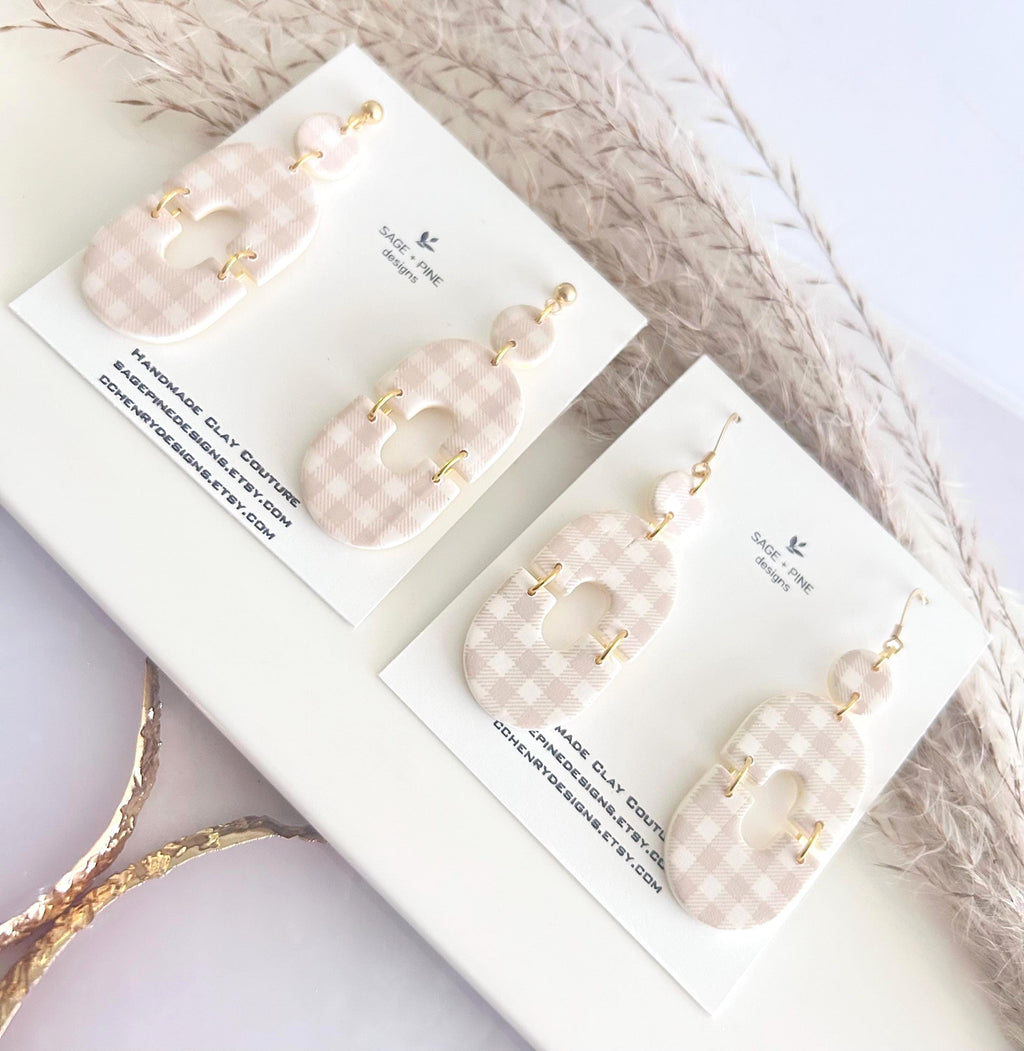 Handmade Gingham Clay Earrings, Boho Beige and White Checkered Dangles