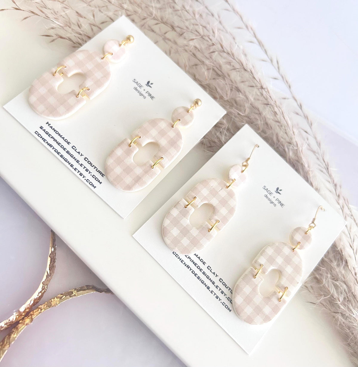 Handmade Gingham Clay Earrings, Boho Beige and White Checkered Dangles