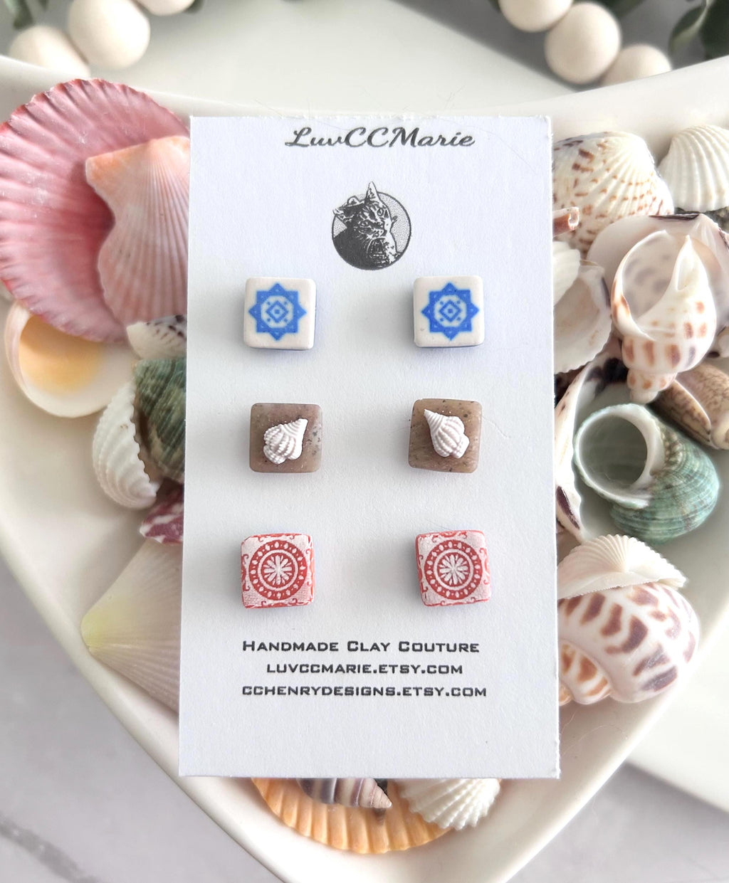 Tile Studs, Santorini Clay Stud Set, Mediterranean Vacation Boho Earrings, Handmade Jewelry, Stocking Stuffers