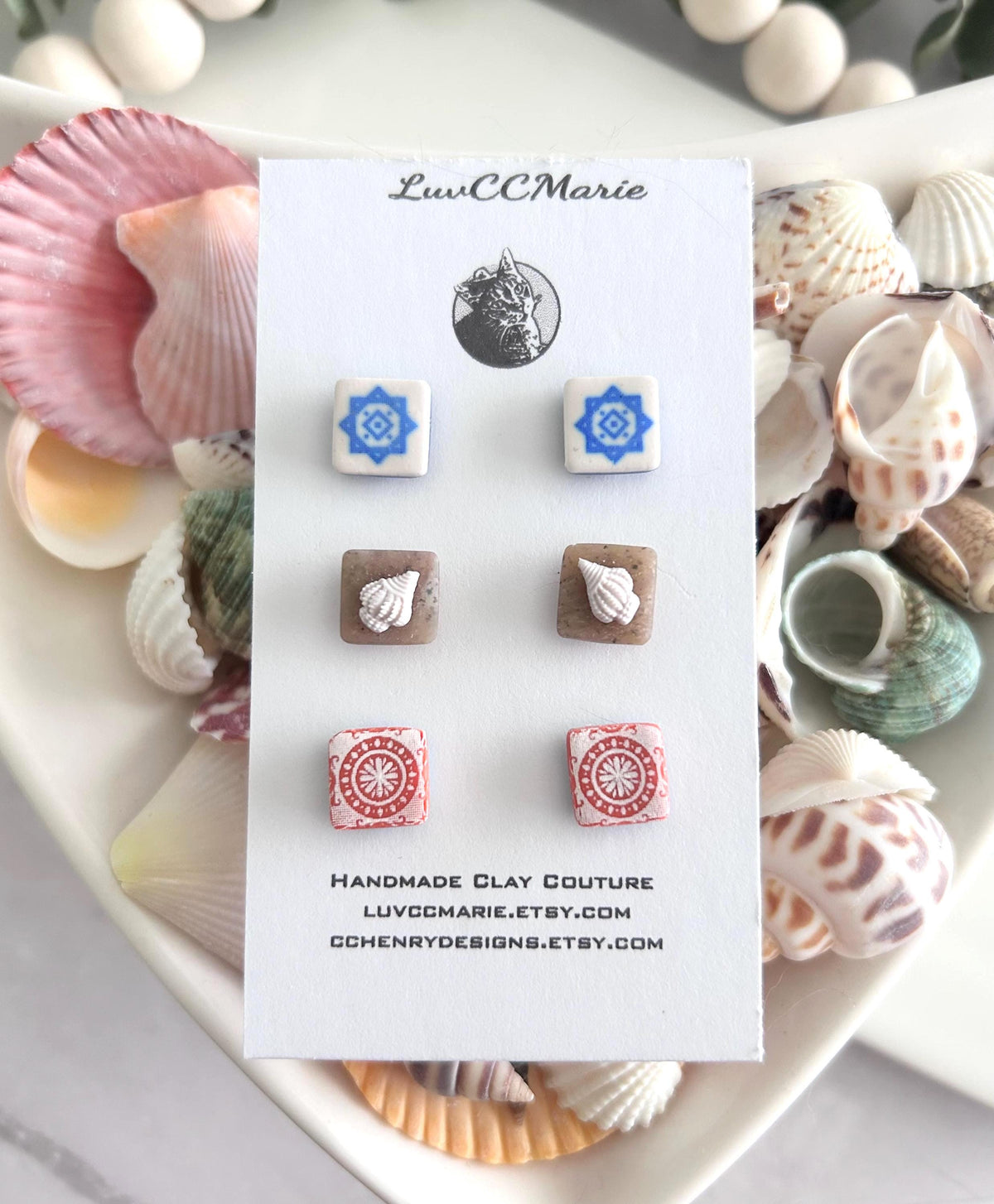 Tile Studs, Santorini Clay Stud Set, Mediterranean Vacation Boho Earrings, Handmade Jewelry, Stocking Stuffers
