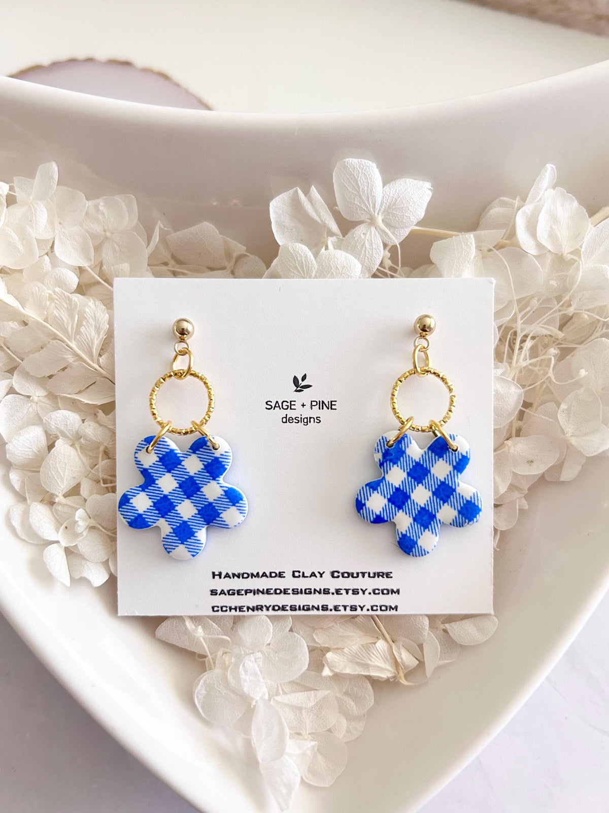Yellow and Gold Daisy Gingham Clay Earrings, Plaid Dangles, Lightweight Hypoallergenic