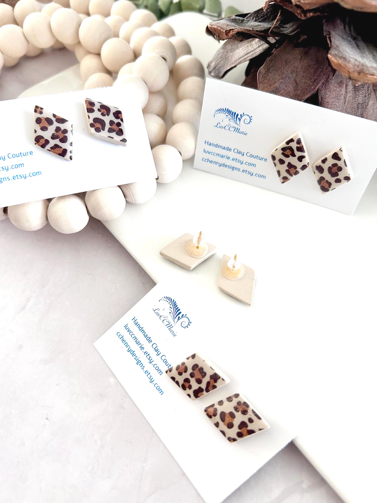Leopard Print Stud Earrings, Cream and Brown Clay Studs, Trendy Geometric Handmade Jewelry Gift