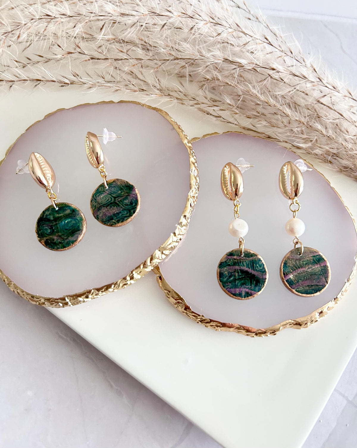 Seashell Cowrie Pearl Earrings, Coastal Vacation Faux Abalone Drop Dangles, Handmade Clay Jewelry