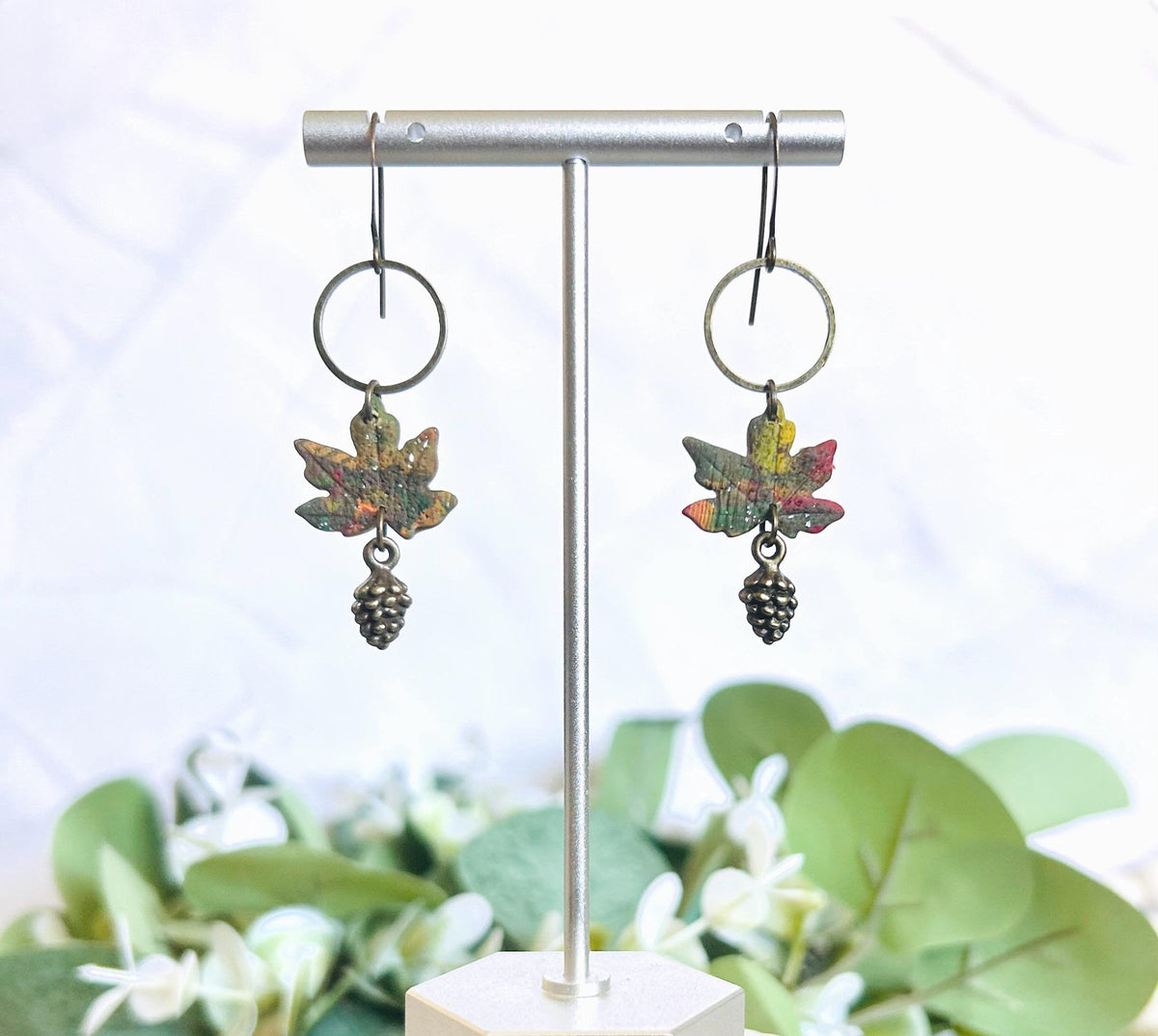 Watercolor Leaf Clay Earrings, Pine Cone Dangles: Walnut and Bronze Boho Jewelry