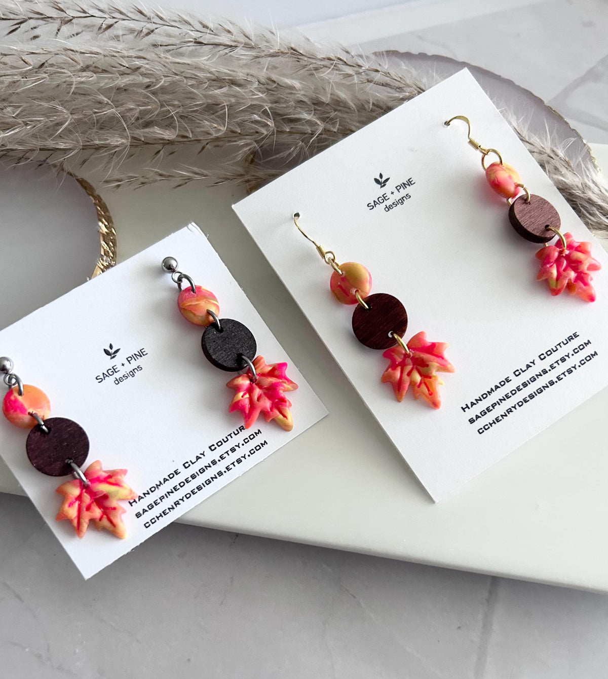 Fall Leaf Clay Earrings, Wood Bead Maple Dangles, Bright Neon Boho Hypoallergenic Lightweight Jewelry