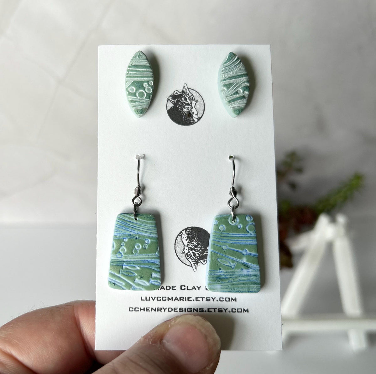 Handmade Clay Dangle Earrings Set: Santorini Tile, Surfboard, Sealife