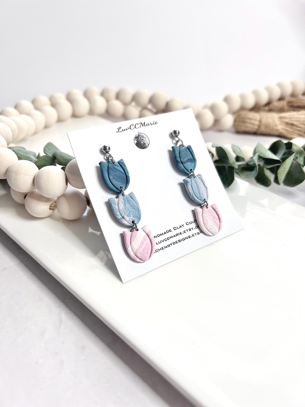 Tulip Earrings, Long Dangle Ombre Clay Handmade Jewelry Gift for Her