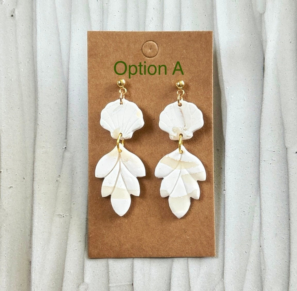 White Cream Beachy Earrings, Coastal Vacation Drop Dangles, Large Leaf Handmade Clay Jewelry Gift