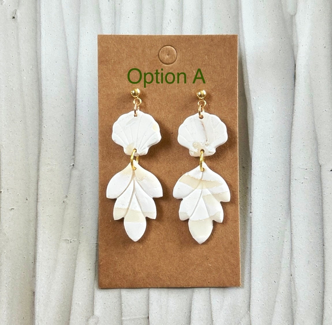 White Cream Beachy Earrings, Coastal Vacation Drop Dangles, Large Leaf Handmade Clay Jewelry Gift