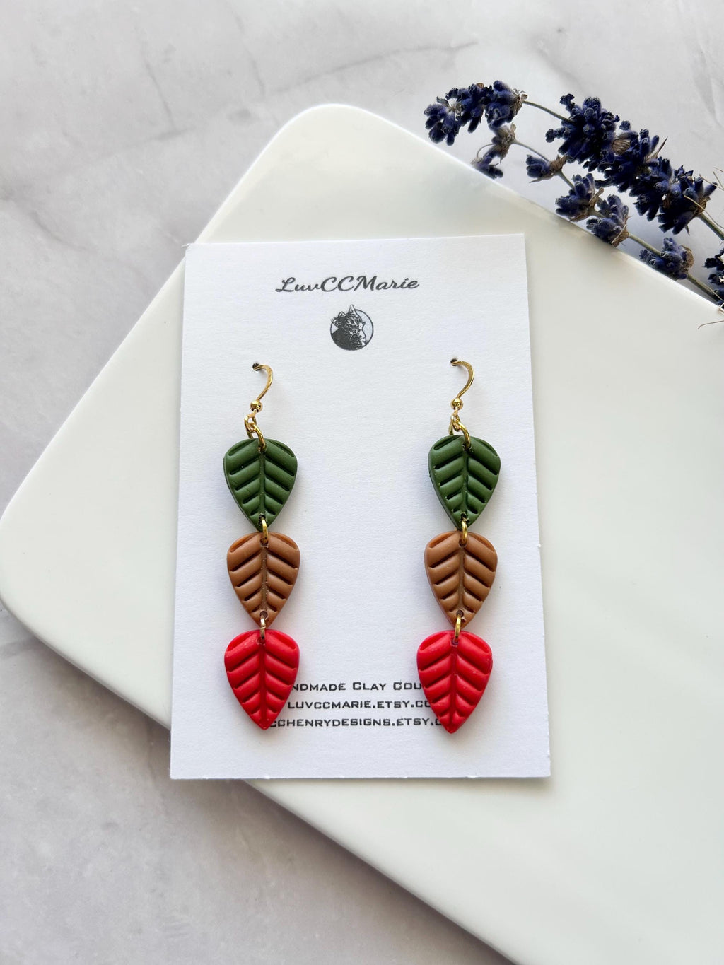 Leaf Earrings, Olive Green, Bright Red, Mustard Yellow, Handmade Clay Boho Fall Jewelry Gift