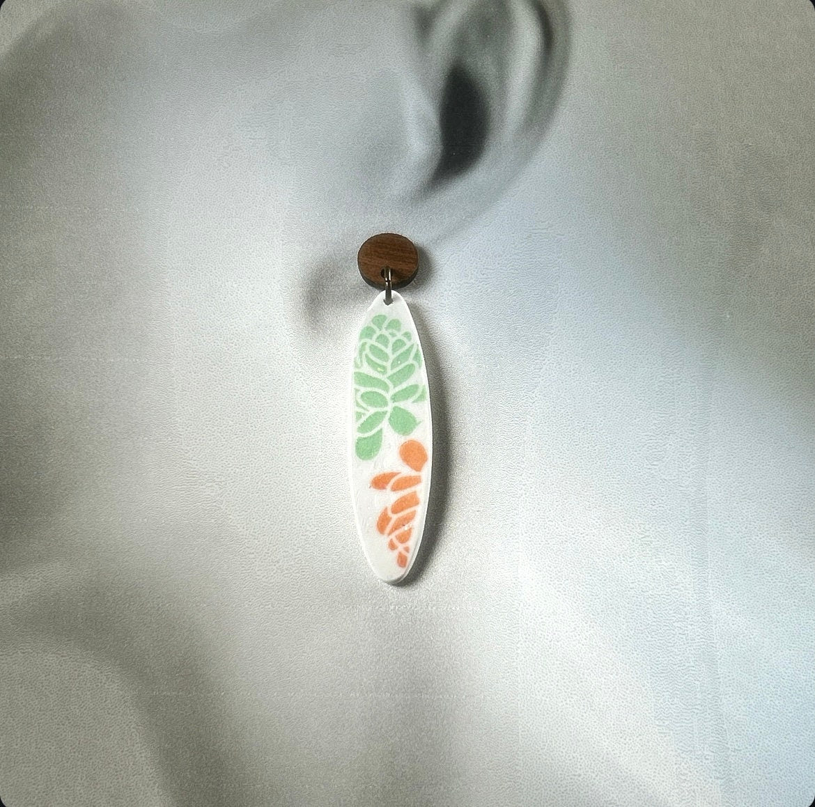 Handmade Succulent Dangle Earrings: Retro Surfboard Clay, Walnut Studs
