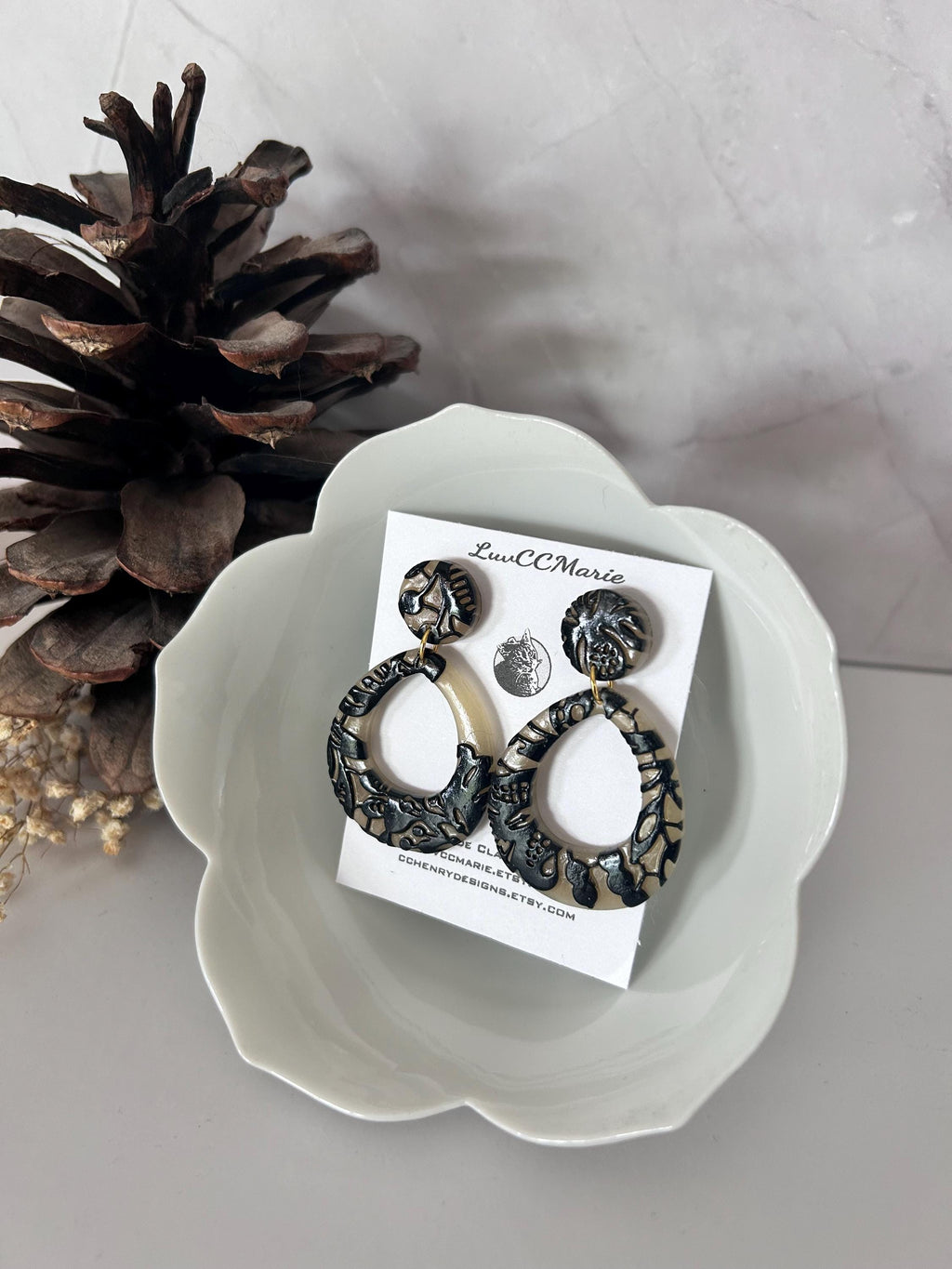 Black and Beige Lace Teardrop Wedding Earrings, Black Clay Bridal Dangles, Handmade Jewelry