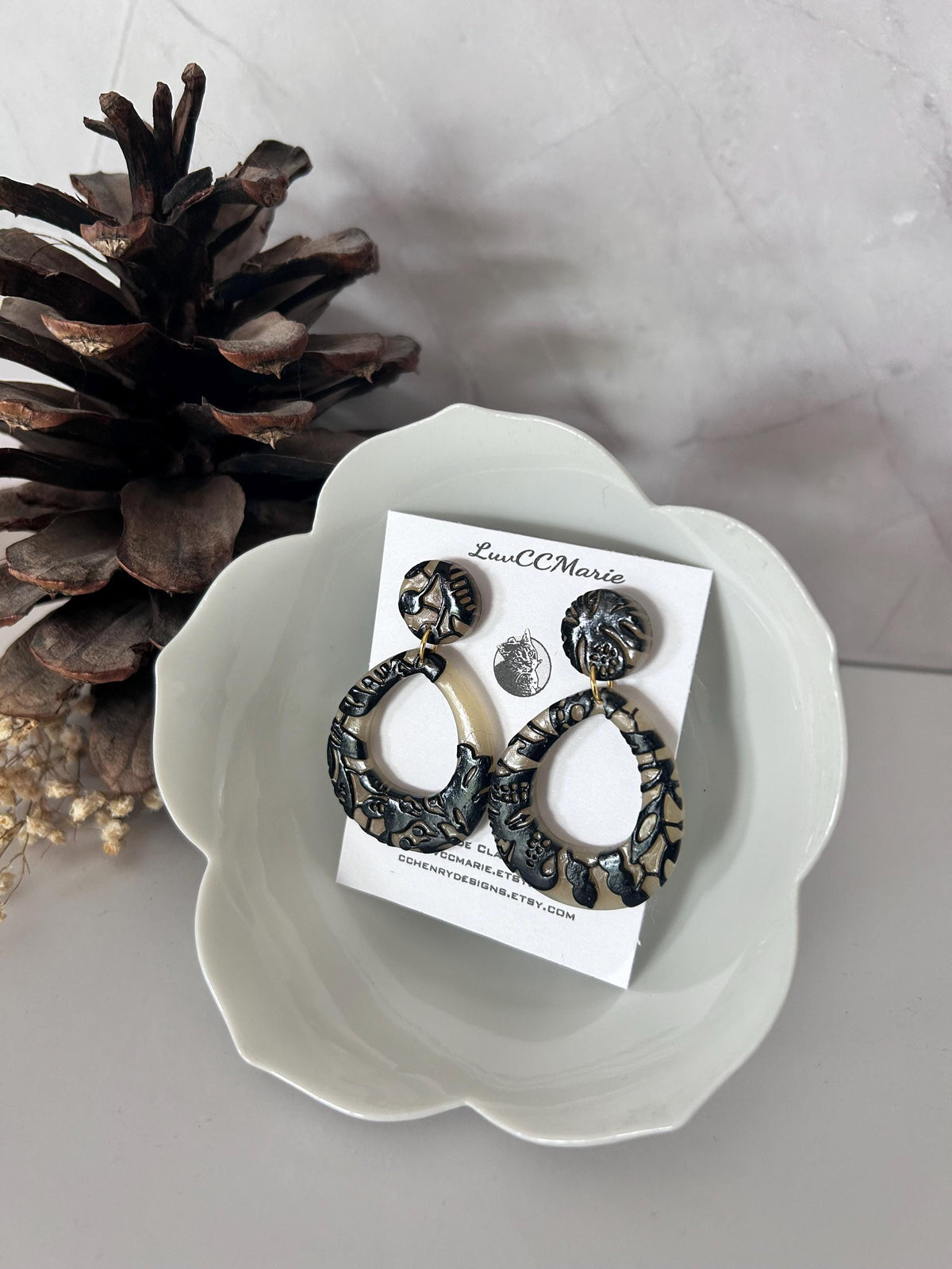 Black and Beige Lace Teardrop Wedding Earrings, Black Clay Bridal Dangles, Handmade Jewelry