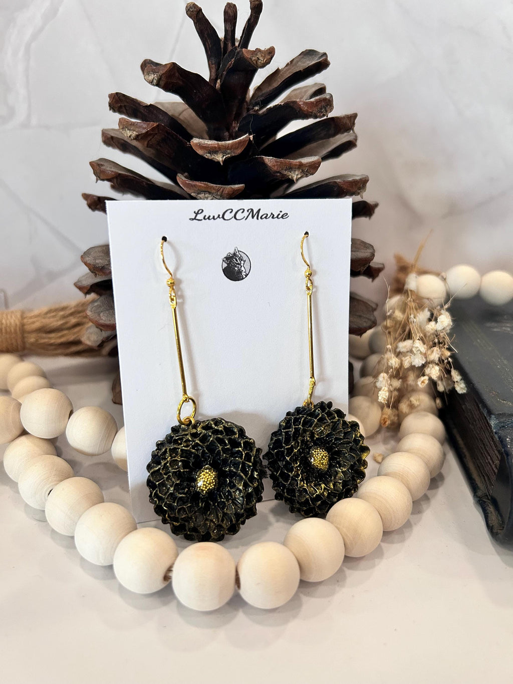 Handmade Black Dahlia Clay Earrings: Gold Floral Bar Dangles