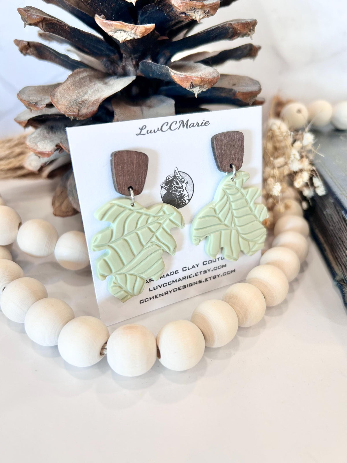 Sage Green Dangle Earrings, Wood and Clay Monstera Leaf Stud Dangles, Handmade Clay Jewelry