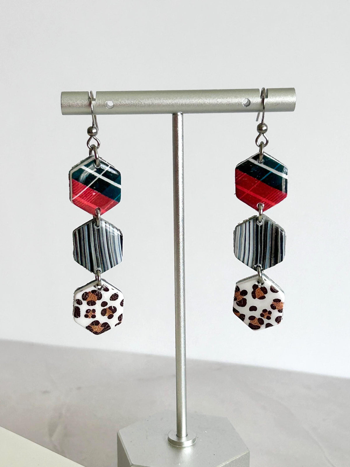 Cheetah Print Plaid Hexagon Daisy Chain Dangle Earrings: Handmade Boho Statement Clay Jewelry