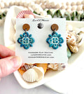Teal & White Santorini Tile Clay Earrings, Boho Flower Mediterranean Dangles