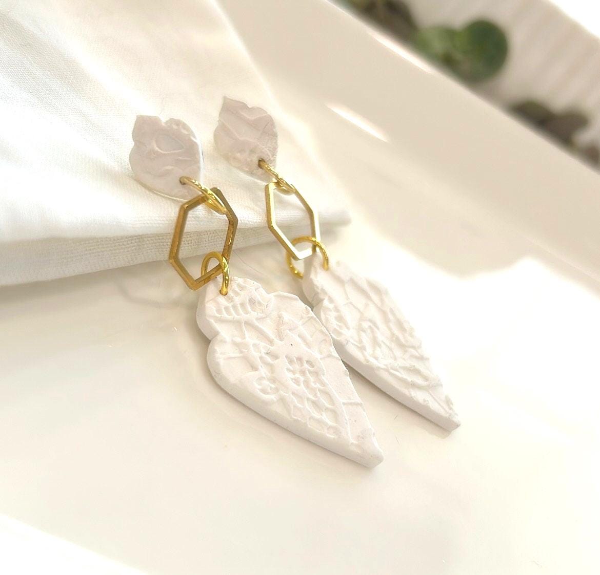 White and Gold Long Earrings, Modern Geometric Clay Dangles, Floral Embossed Handmade Jewelry