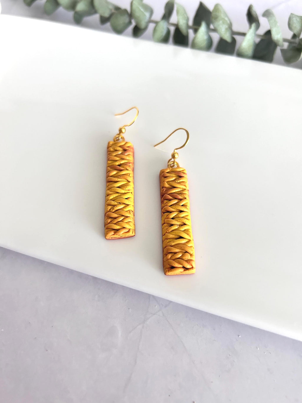 Mustard Knit Dangles, Yellow Clay Earrings, Wood Stud Drops, Lightweight Handmade Unique Fall Jewelry Gift