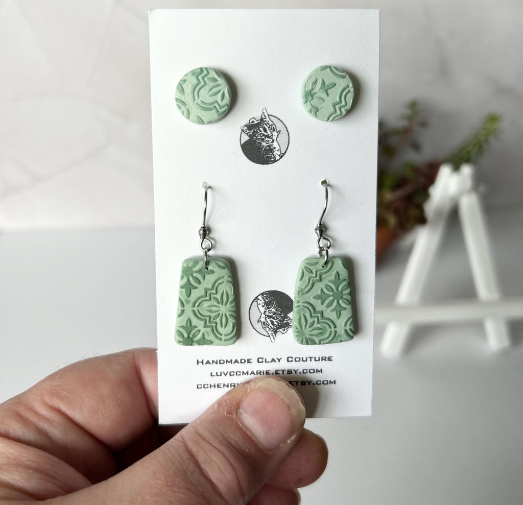 Handmade Clay Dangle Earrings Set: Santorini Tile, Surfboard, Sealife