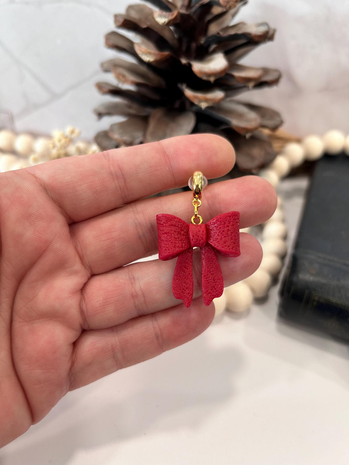 Red Clay Bow Knot Holiday Earrings, Hypoallergenic Dangles