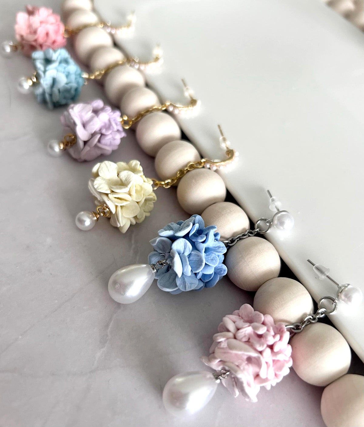 Hydrangea Earrings, Flower Cluster Clay Dangles, Pearl Chain Pastel Floral Drop Unique Wedding Jewelry