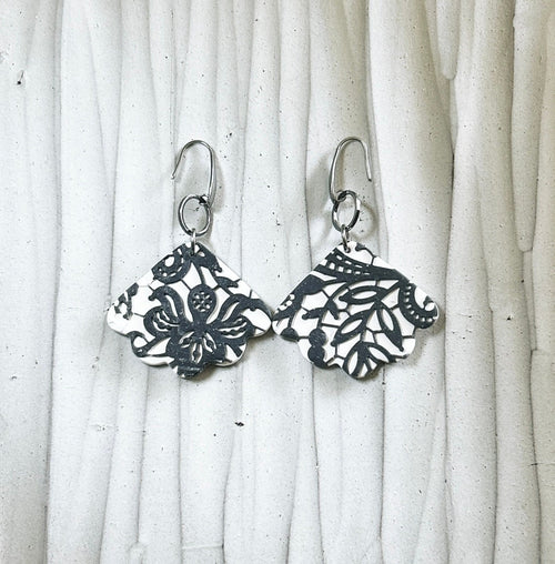 Black & White Lace Earrings, Charcoal Gray Wedding Dangles, Stainless Steel Clay Jewelry Handmade