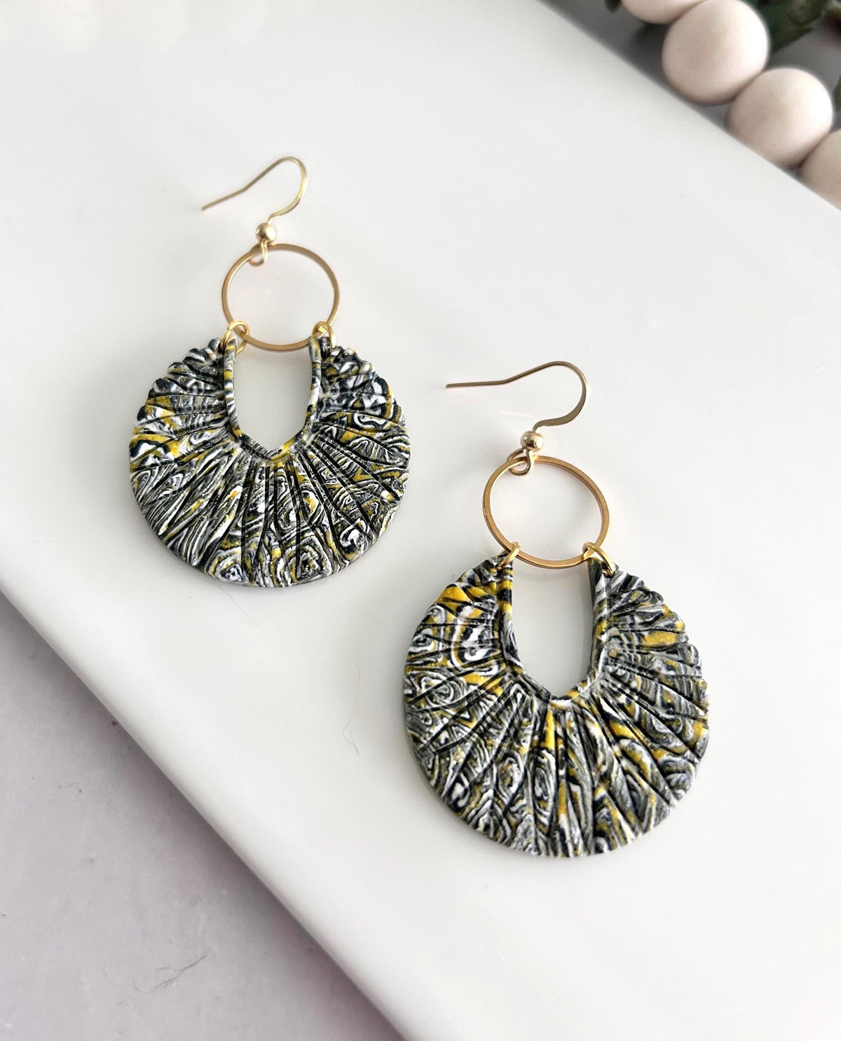 Black and Gold Boho Earrings, Statement Abstract Dangles with Brass Hoop, Handmade Clay Jewelry Gift