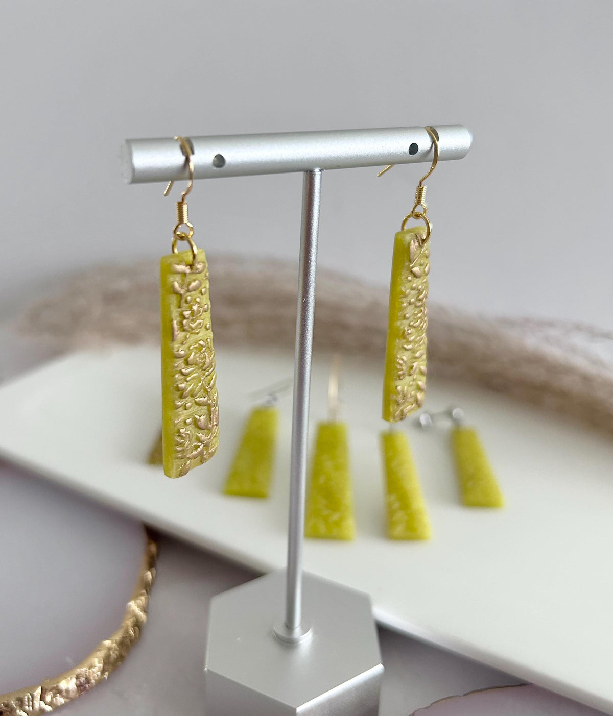 Gold Chartreuse Floral Vine Drop Rectangle Dangles, Citrus Green Yellow Earrings, Fall Leaf Jewelry