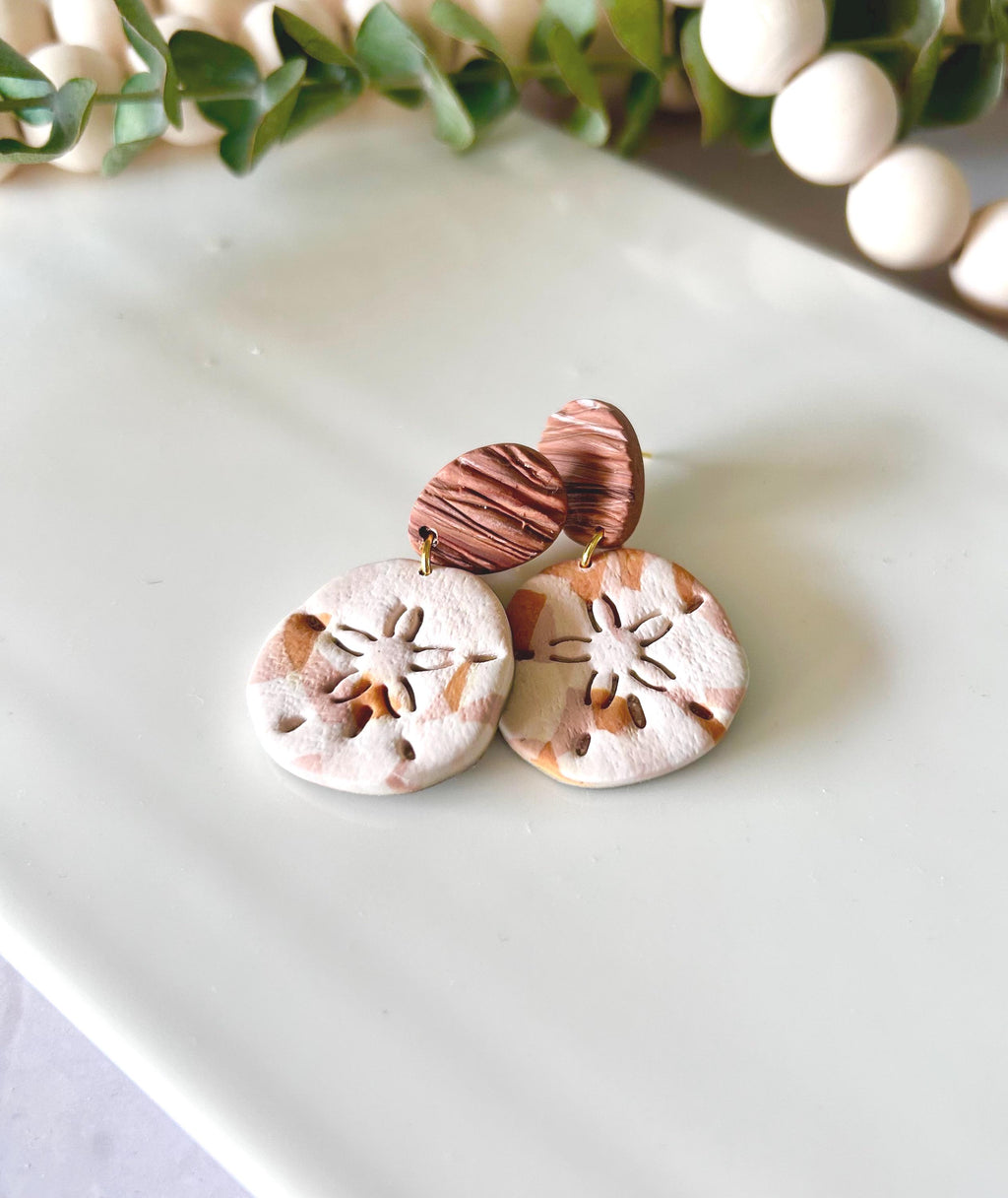 Sand Dollar Beach Earrings, Terracotta White Seashell Dangles, Handmade Clay Coastal Vacation Jewelry Gift