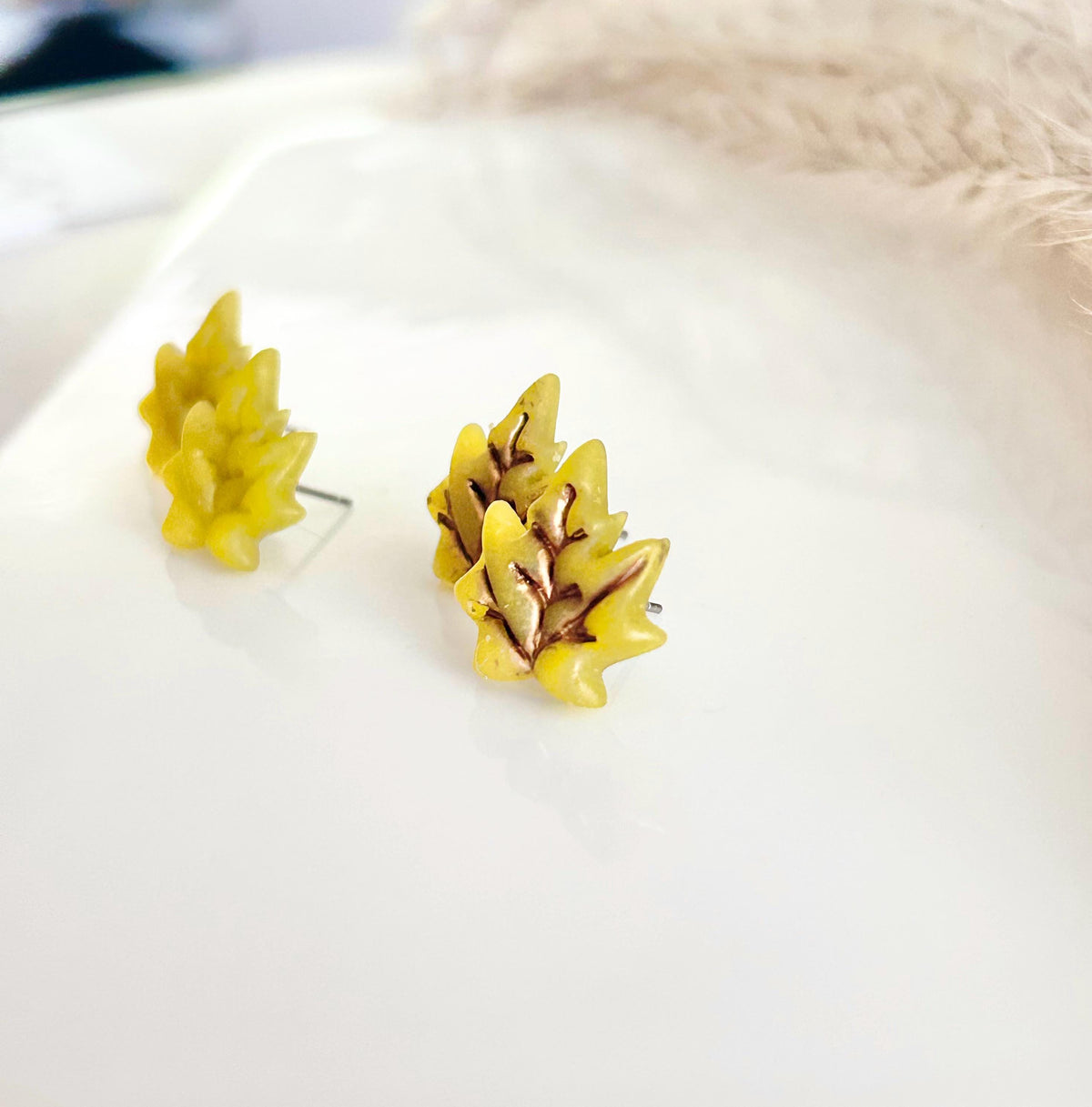 Clay Stud Earrings, Maple Leaf Fall Studs, Chartreuse Green, Hypoallergenic Surgical Posts