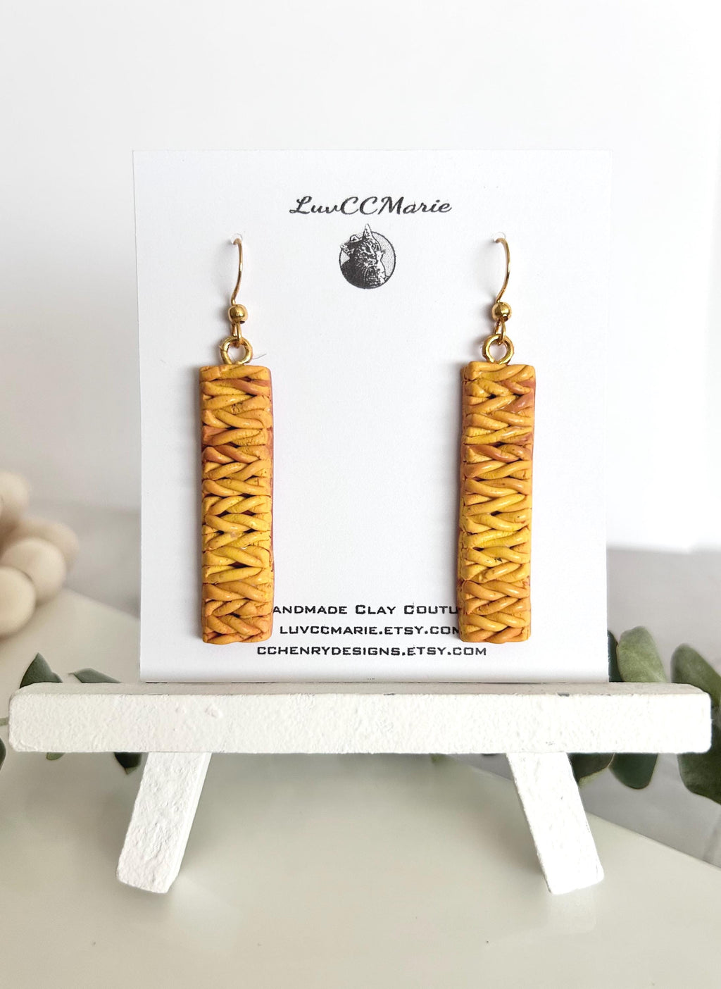 Mustard Knit Dangles, Yellow Clay Earrings, Wood Stud Drops, Lightweight Handmade Unique Fall Jewelry Gift
