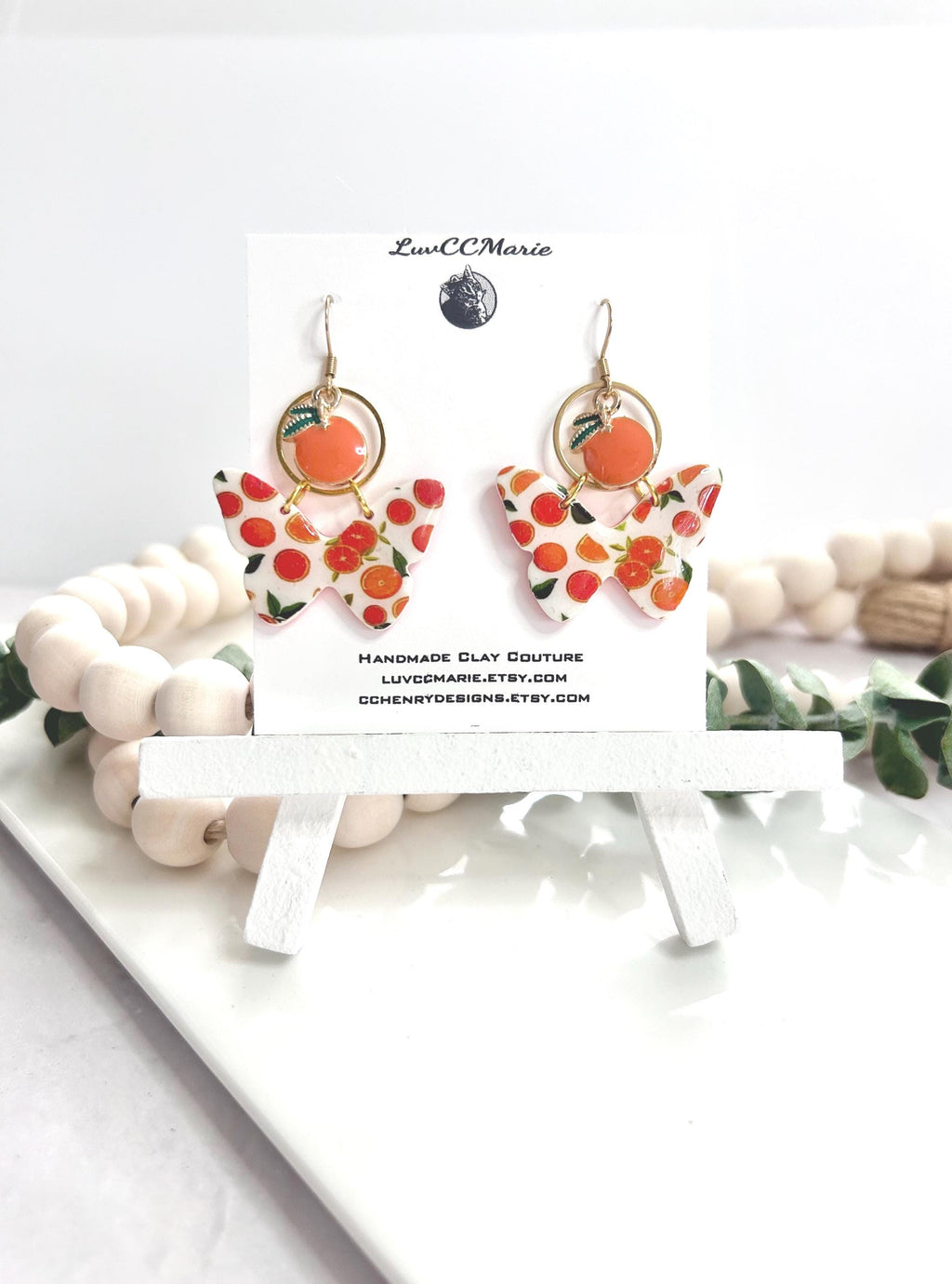 Orange Fruit Butterfly Earrings, Tangerine and White Clay Dangles