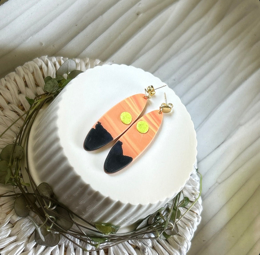 Orange Surfboard Clay Earrings, Handmade Boho Vacation Jewelry, Sunset Dangles