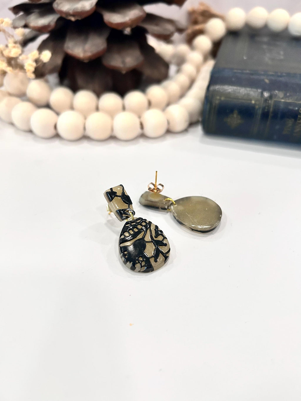 Black and Nude Lace Stud Drop Earrings, Elegant Wedding Clay Jewelry, Bridal Gift