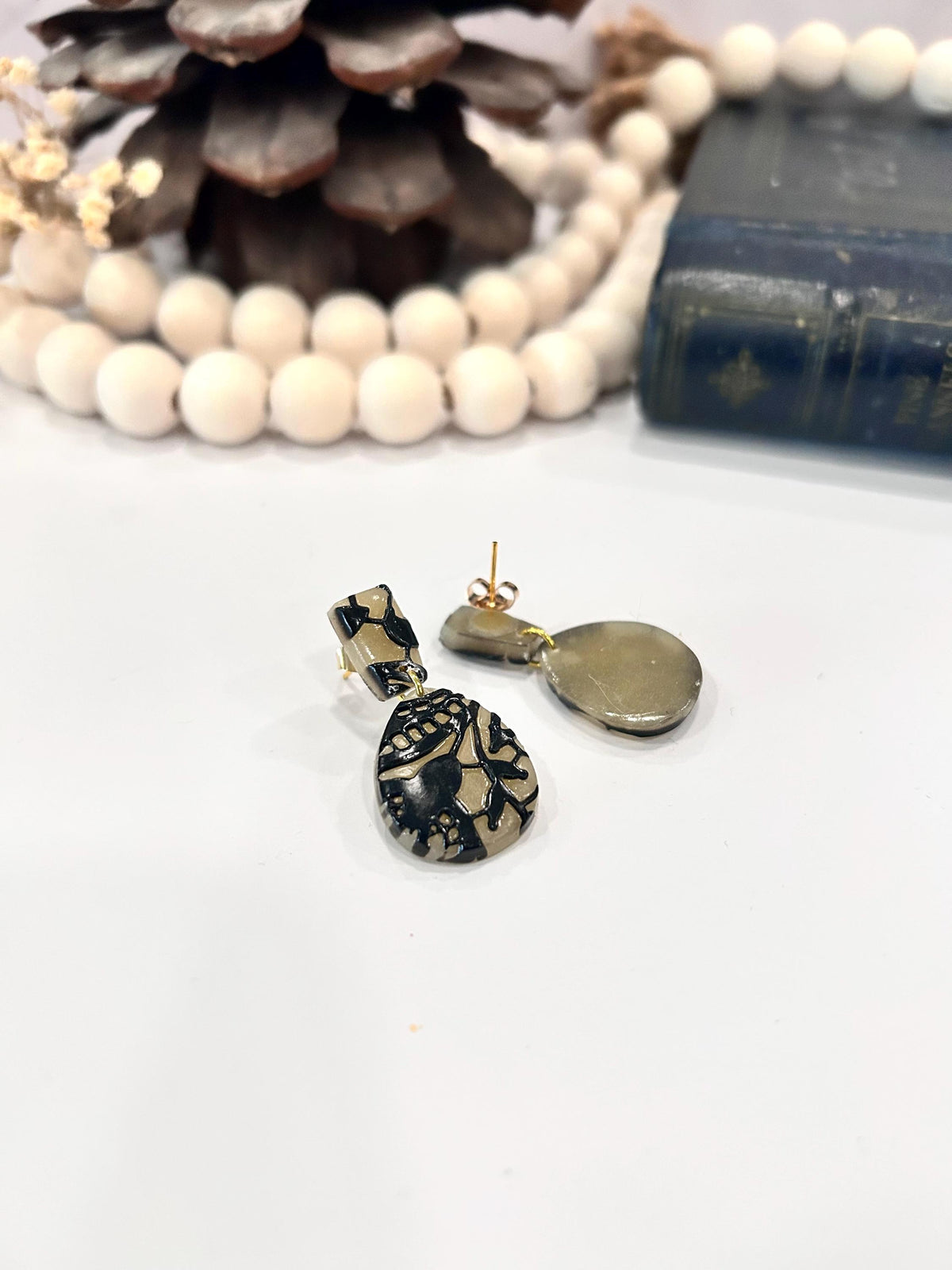 Black and Nude Lace Stud Drop Earrings, Elegant Wedding Clay Jewelry, Bridal Gift