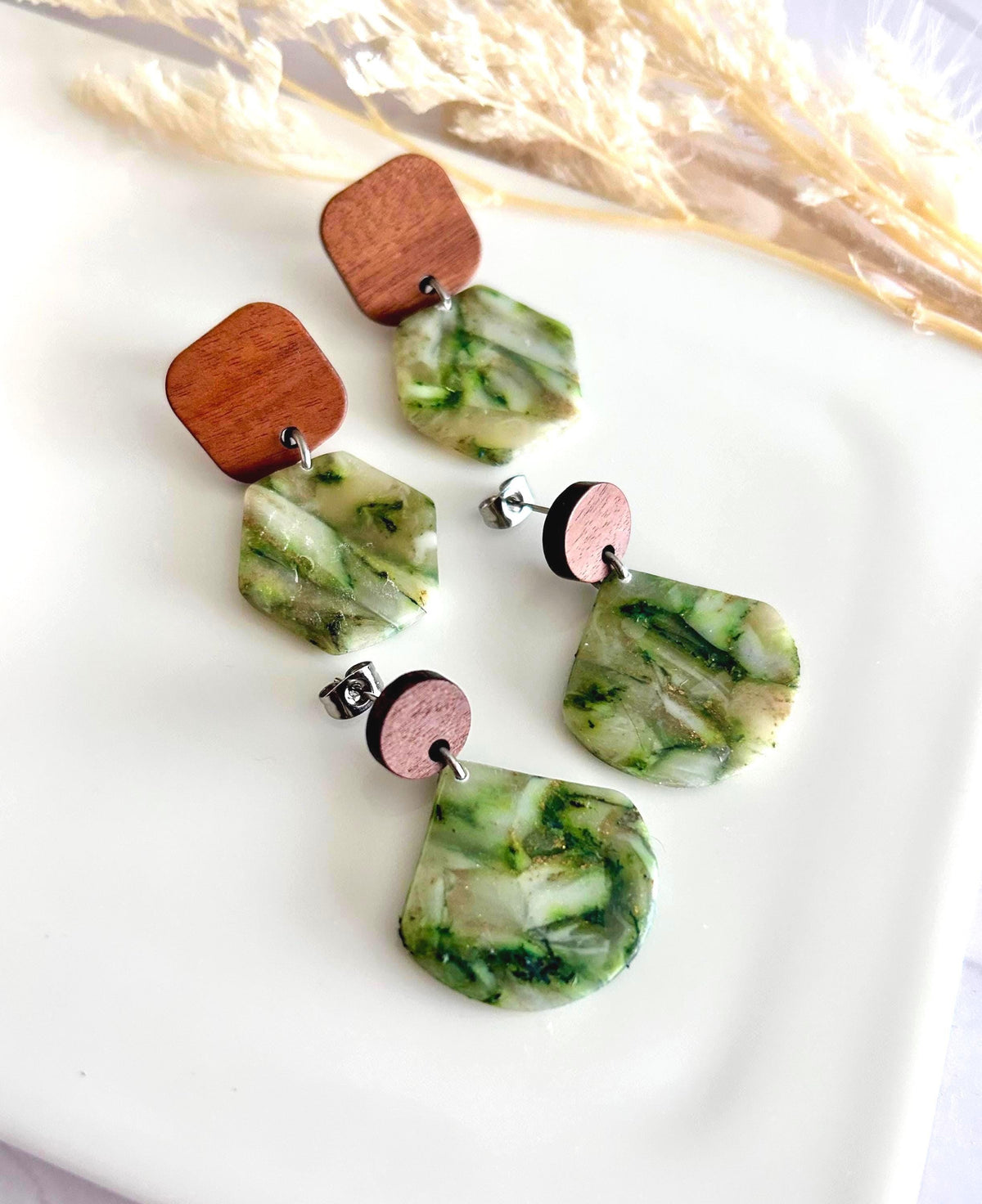 Moss Green Drop Earrings, Olive Army Clay and Wood Lightweight Dangles, Handmade Jewelry Gift