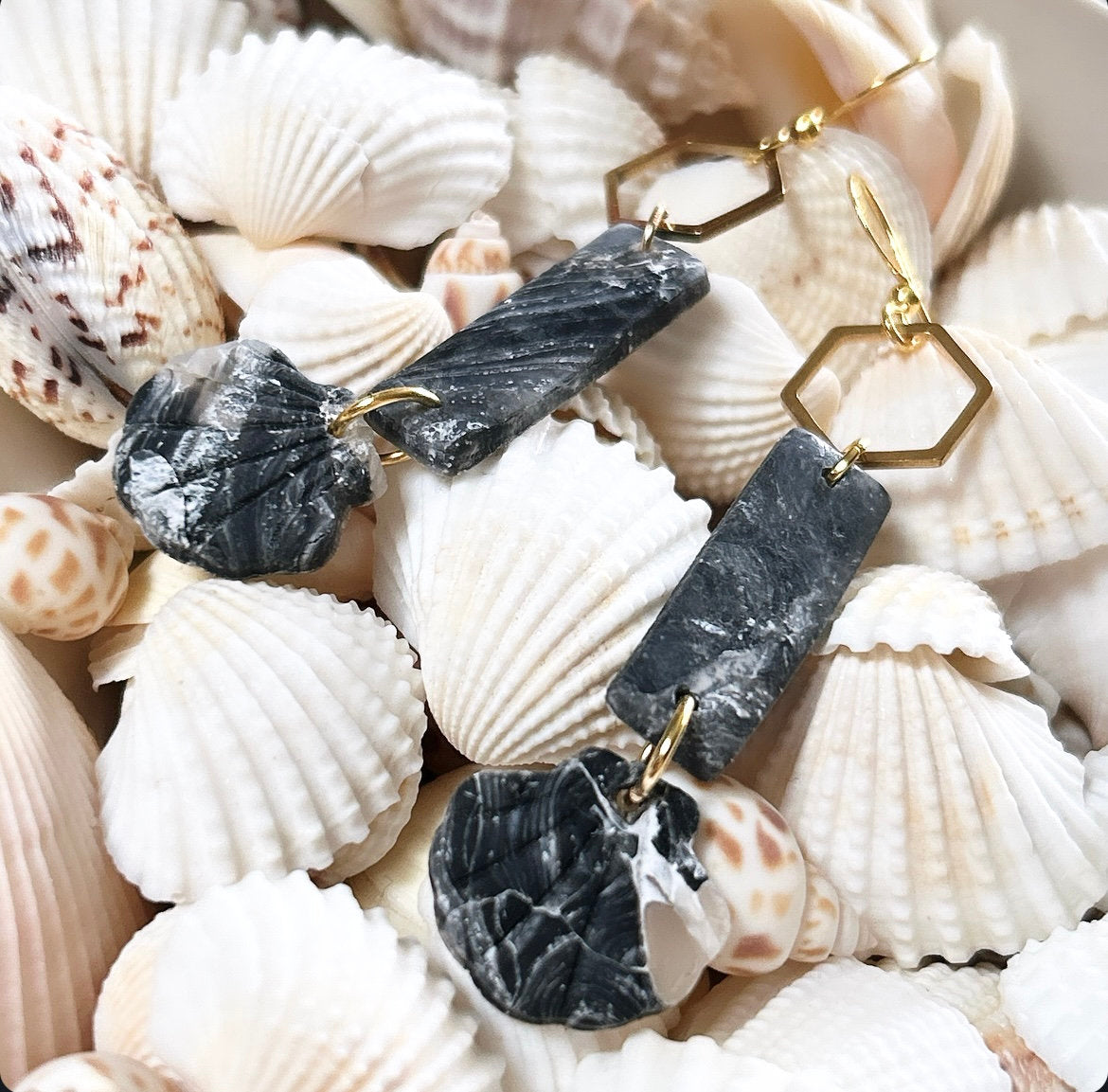 Seashell Earrings, Black and Gold Long Dangles, Coastal Beach Vacation Clay Jewelry Wedding Gift