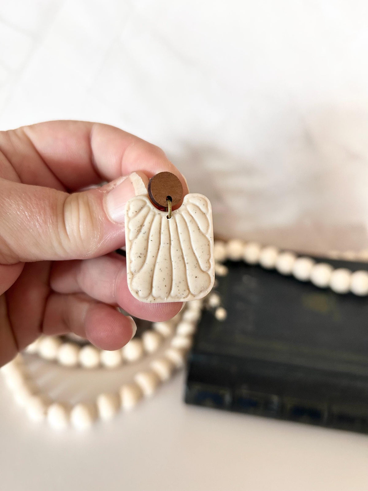 Creamy Clay Wood Dangle Earrings, Matisse Square Neutral Drops, Handmade Boho Jewelry Gift