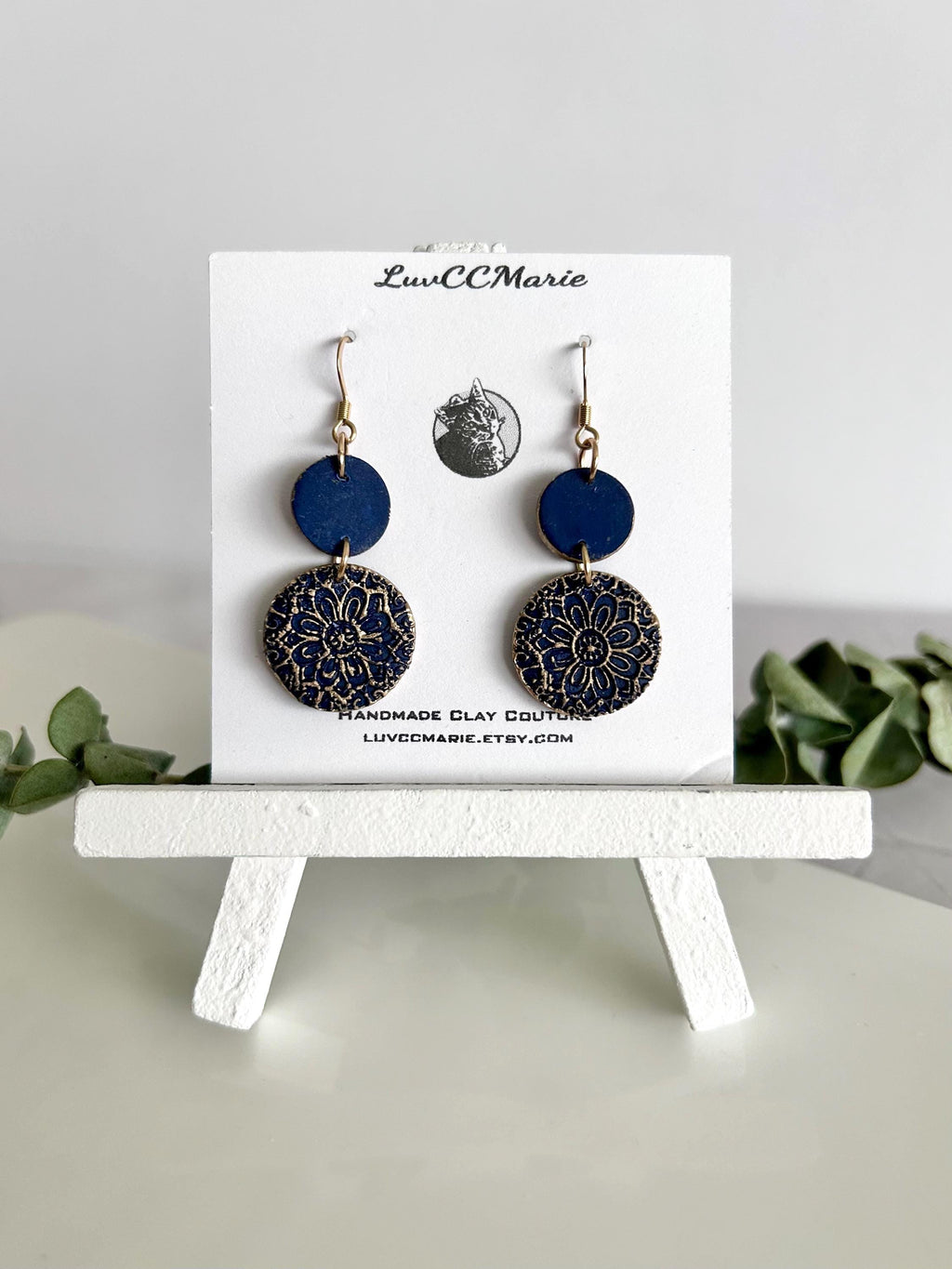 Dark Navy Blue Clay Earrings, Gold Mandala Embossed Dangles, Handmade Fashion Boho Jewelry