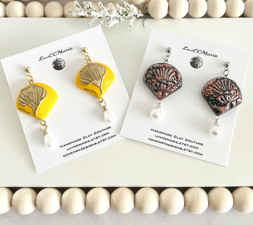 California Poppy Flower Clay Earrings, Abstract Floral Pearl Dangles, Handmade Jewelry Gift for Her