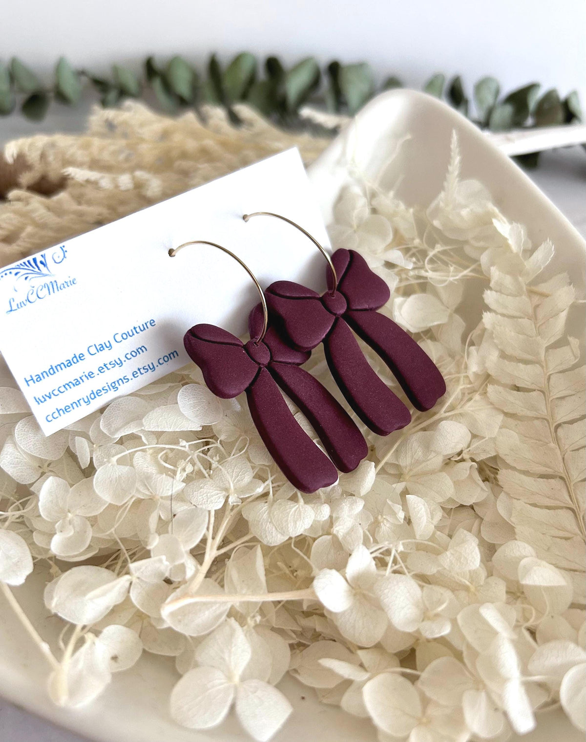 Dark Burgundy Bow Earrings, Fall Statement Hoop Dangles, Maroon Boho Clay Handmade Jewelry
