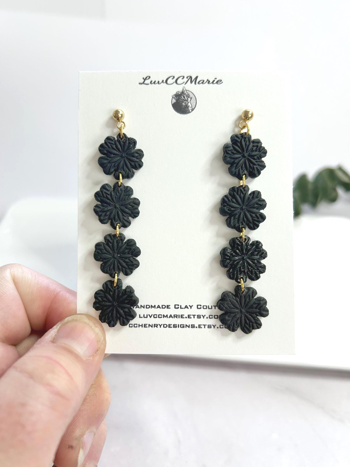 Black Daisy Chain Dangle Earrings: Handmade Boho Clay Floral Jewelry