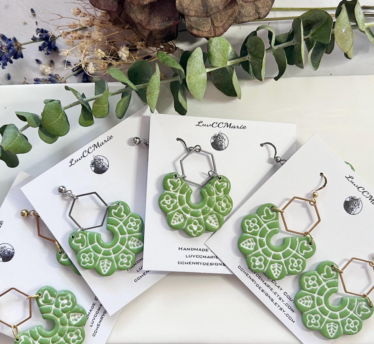 Green Large Earrings with Leaves, Handmade Hoop Long Hanging Modern Drops, Fall Leaf Jewelry