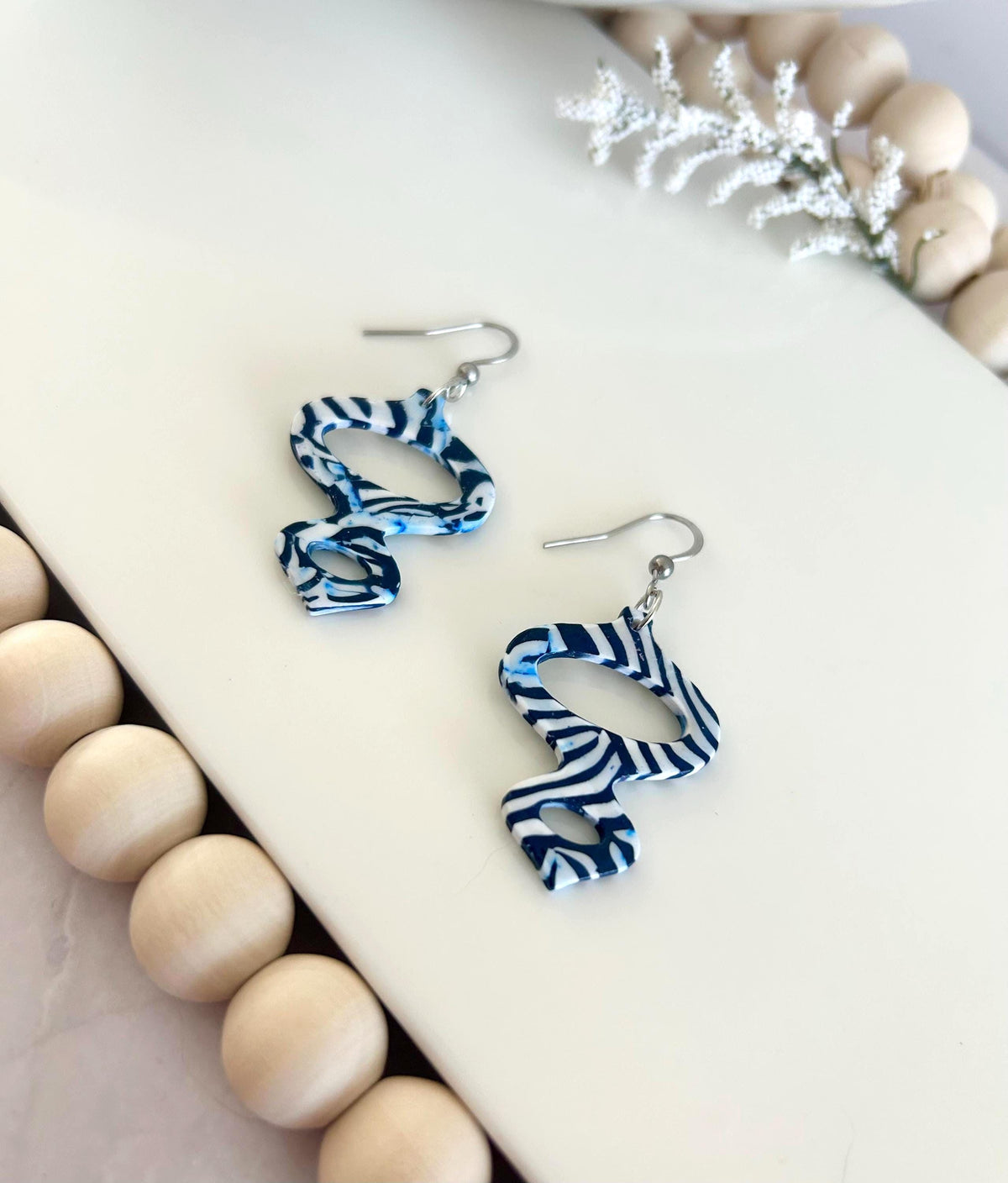 Navy and White Clay Earrings, Modern Moroccan Drop Dangles, Handmade Jewelry Gift